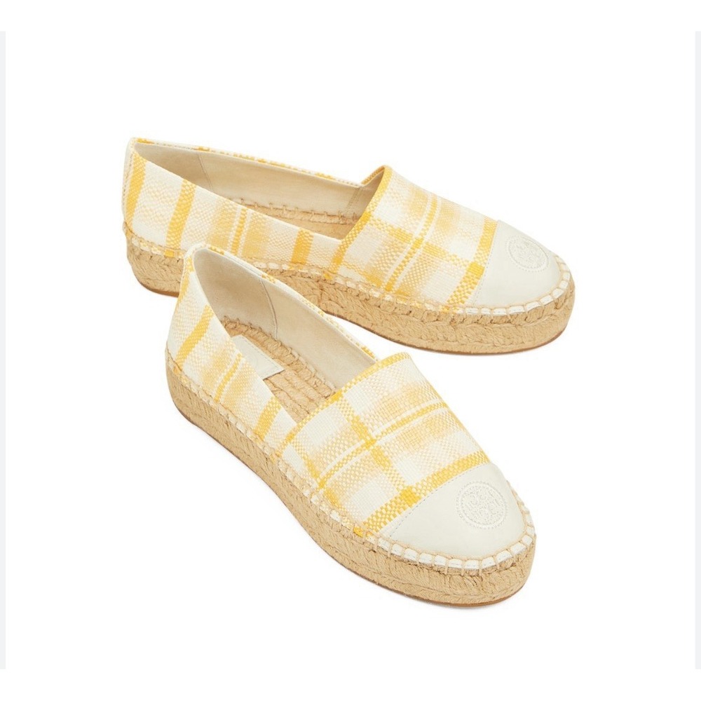 NEW TORY BURCH Yellow Check In Plaid Ivory Play Platform Espadrille 8.5